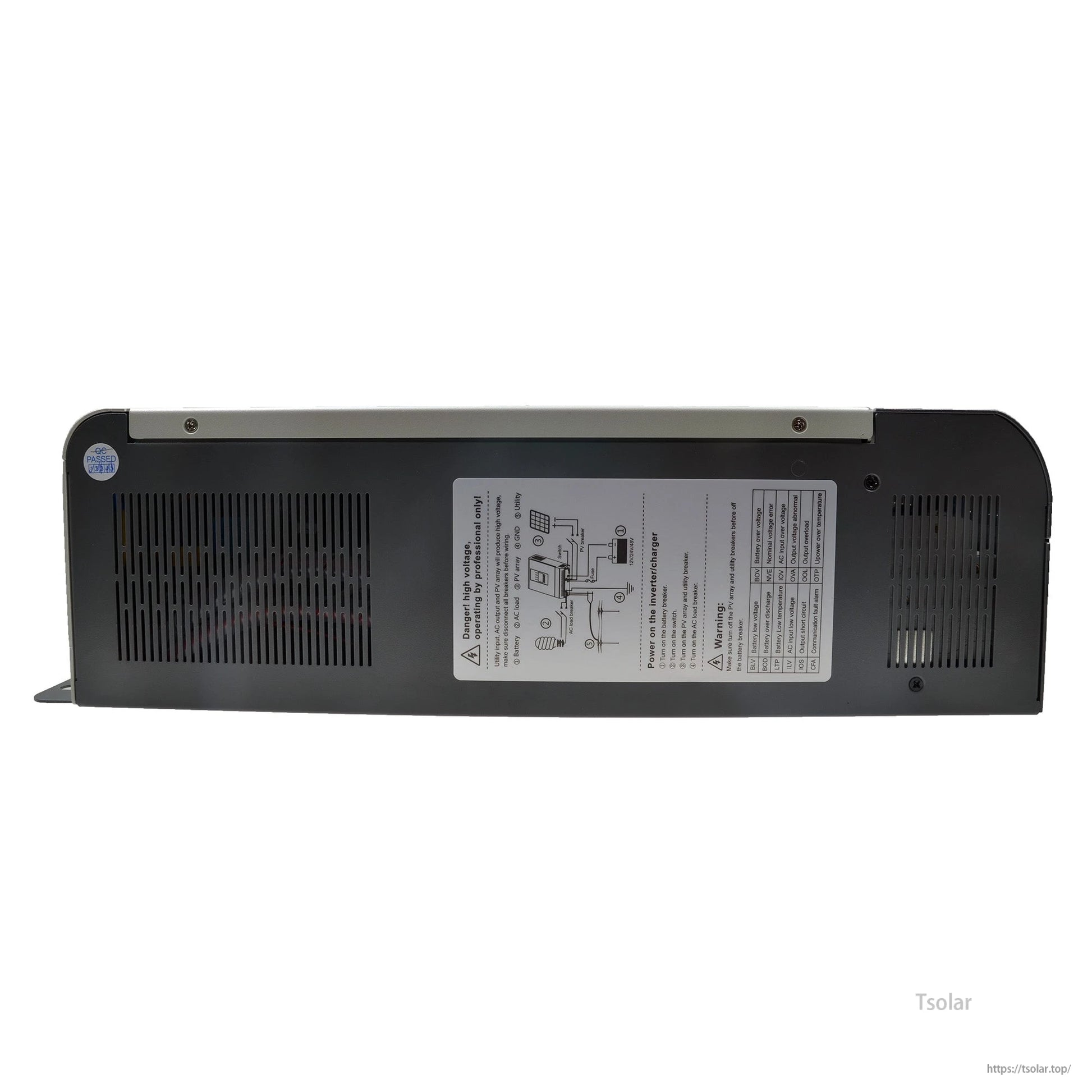 Side view of Epever UPower 5000W MPPT inverter with vented black metal case and wiring label