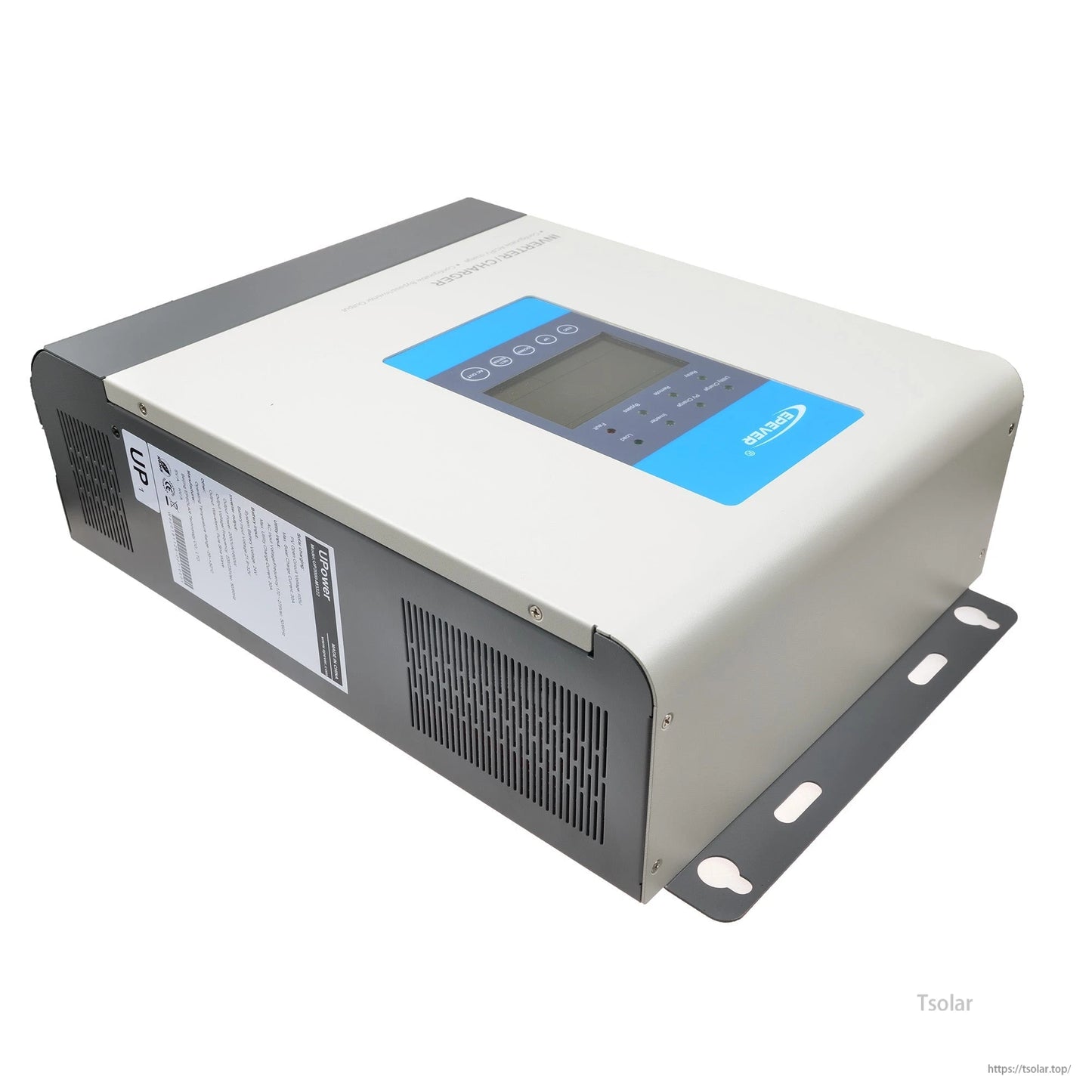 Epever UPower MPPT inverter unit with top LCD control panel, blue label, vented sides, and mounting flanges