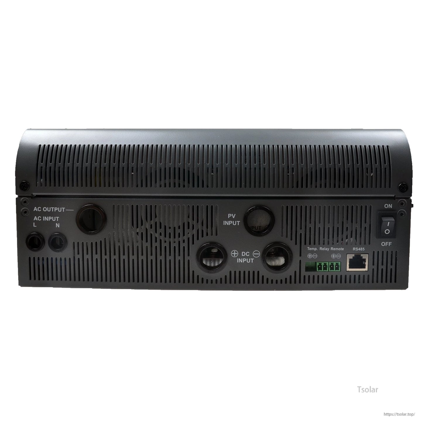 Rear panel of Epever UPower MPPT inverter with AC input/output terminals, PV/DC inputs, RS485 port, and power switch