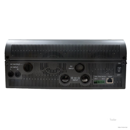 Rear panel of Epever UPower MPPT inverter with AC input/output terminals, PV/DC inputs, RS485 port, and power switch