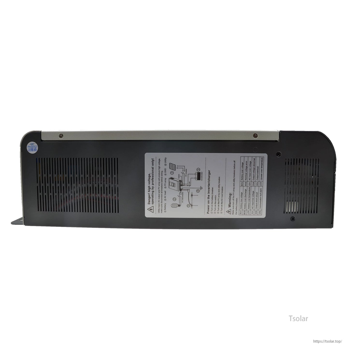 Side view of Epever UPower MPPT inverter with vented case and wiring diagram safety label on the panel