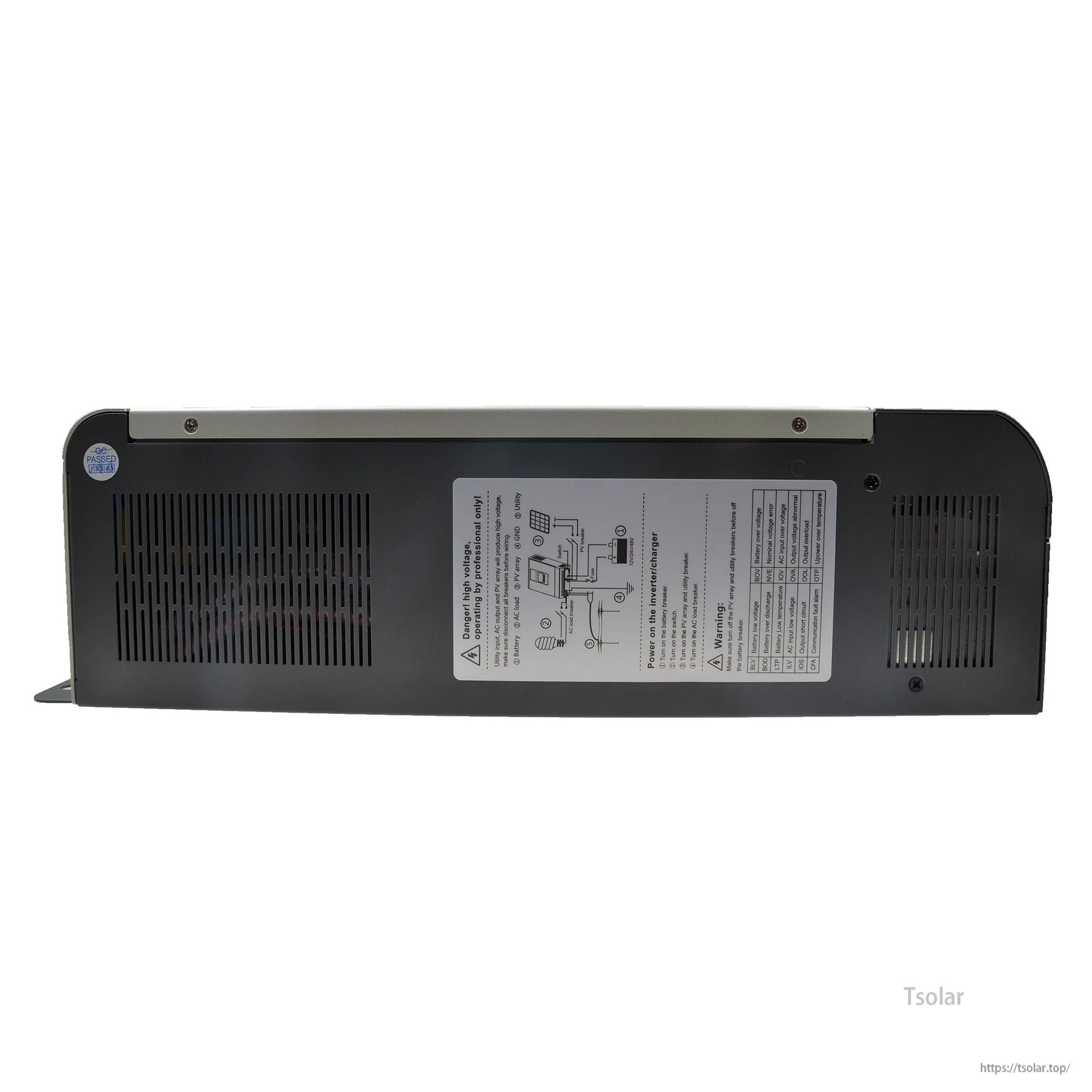 Side view of Epever UPower MPPT inverter with vented case and wiring diagram safety label on the panel