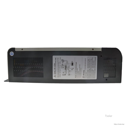 Side view of Epever UPower MPPT inverter with vented case and wiring diagram safety label on the panel