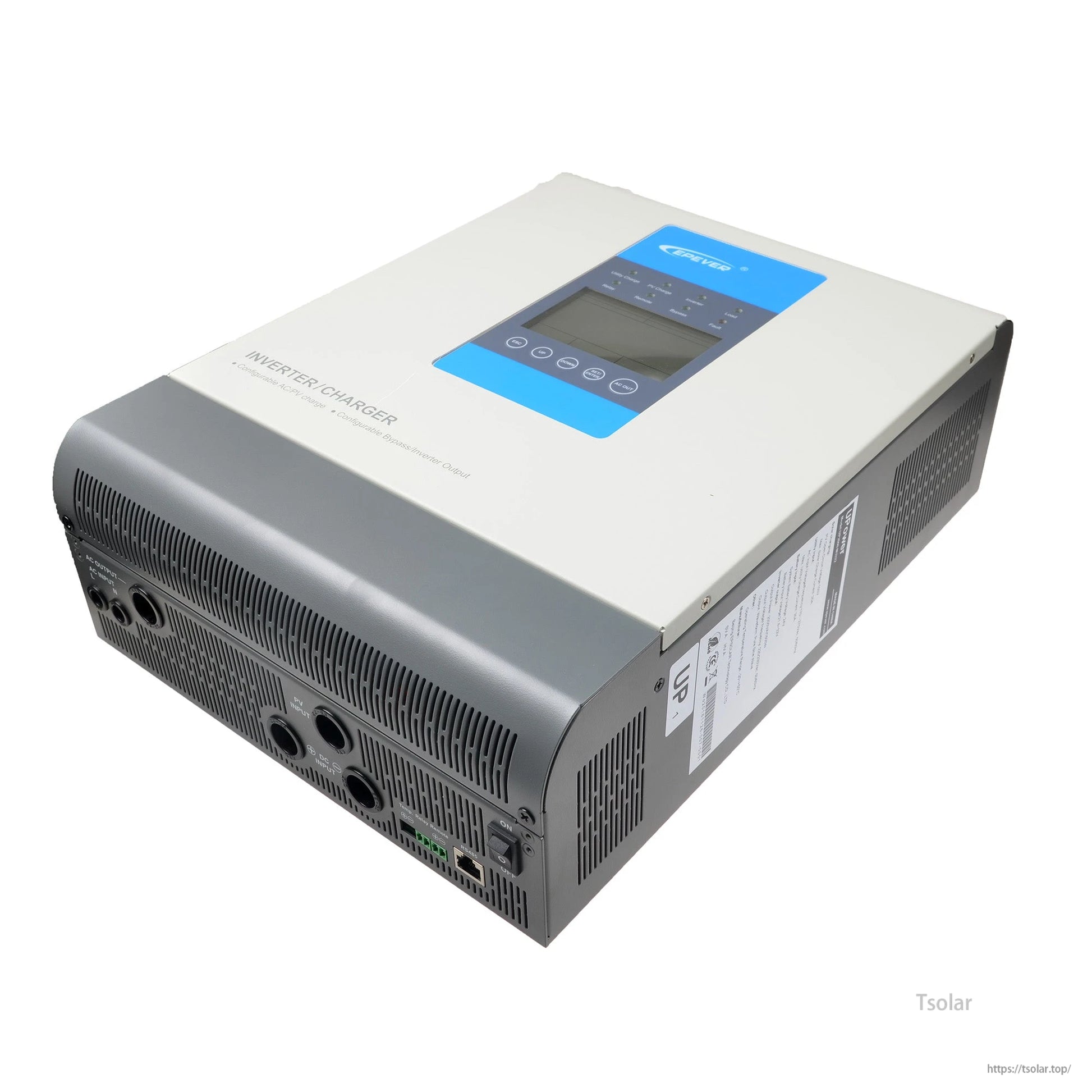 Epever UPower MPPT inverter charger with LCD display panel, control buttons, and front connection ports