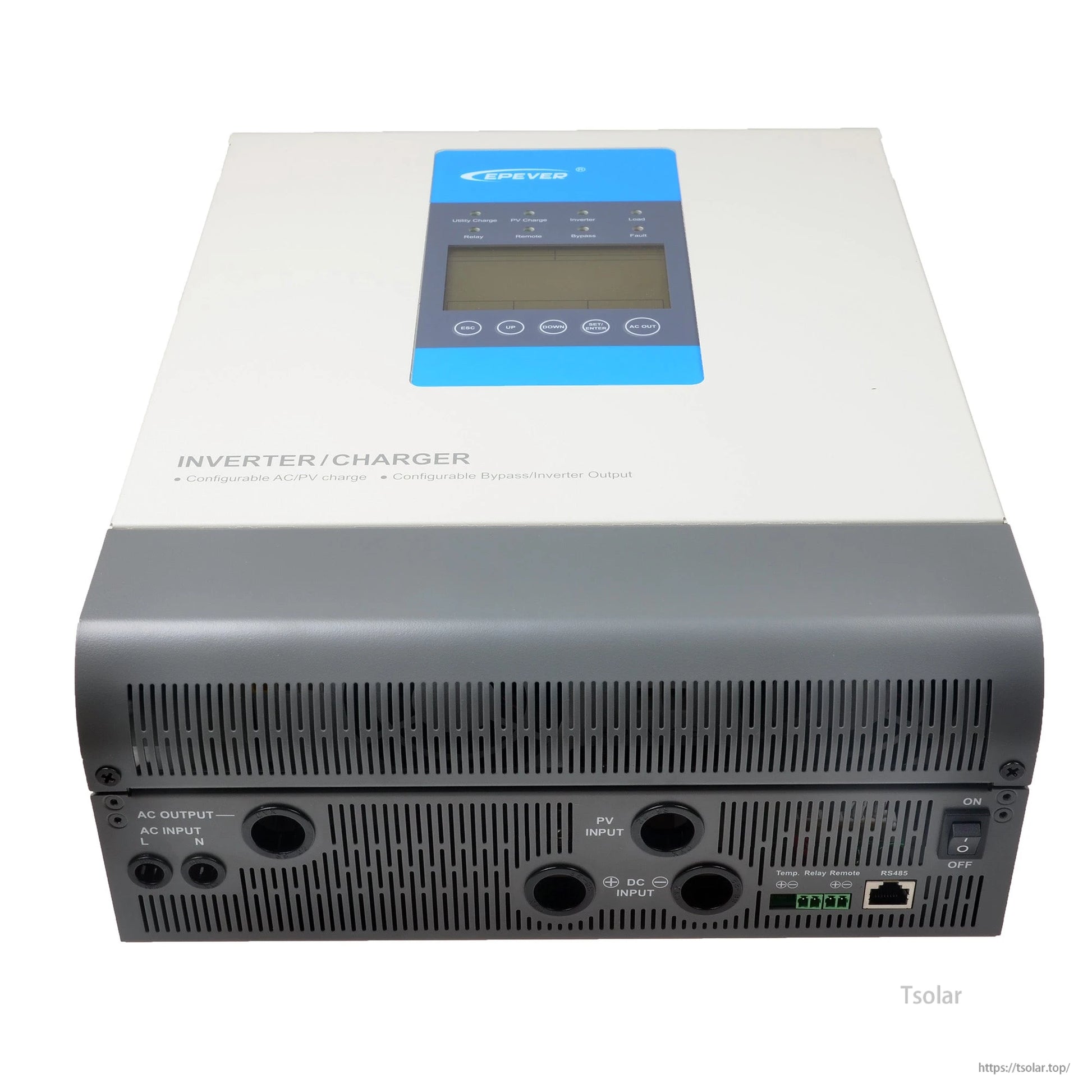 Epever UPower MPPT Inverter, Epever UPower inverter/charger with top LCD display and front ports labeled AC input/output and PV/DC input