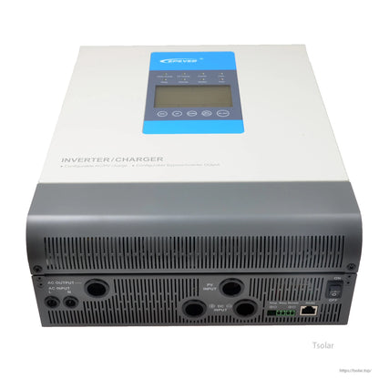 Epever UPower MPPT Inverter, Epever UPower inverter/charger with top LCD display and front ports labeled AC input/output and PV/DC input