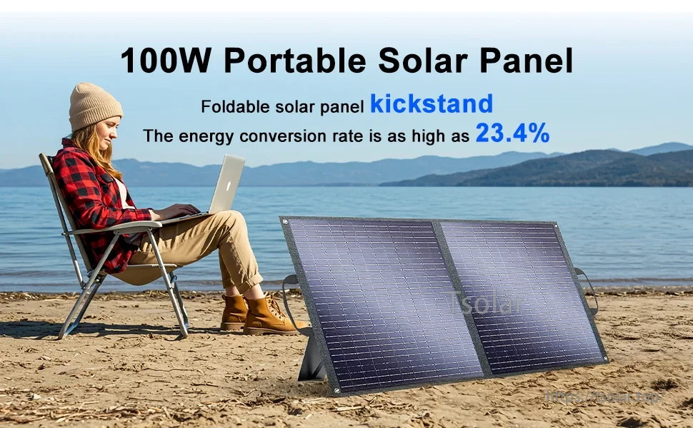 Fodable Solar Panel, Foldable 100W solar panel with 23.4% efficiency and kickstand; portable, ideal for outdoor use. (16 words)