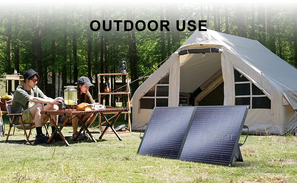 Fodable Solar Panel, The product comes in two variants: Available in T100 (100W) and T200 (200W), each with four foldable sections.