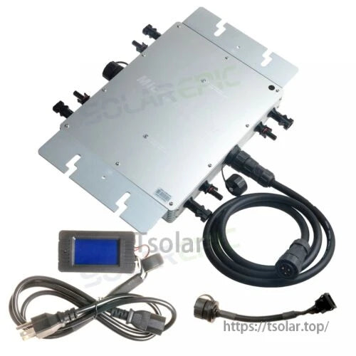 GWV-600W MPPT Grid Tie Micro Inverter, GWV-600W grid-tie micro inverter with metal casing, multiple DC connectors, AC output cable, and small LCD display