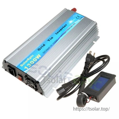 GWV-600W MPPT Grid Tie Micro Inverter, Aluminum grid-tie inverter with blue label, cooling fan, AC plug cord, and small LCD display module