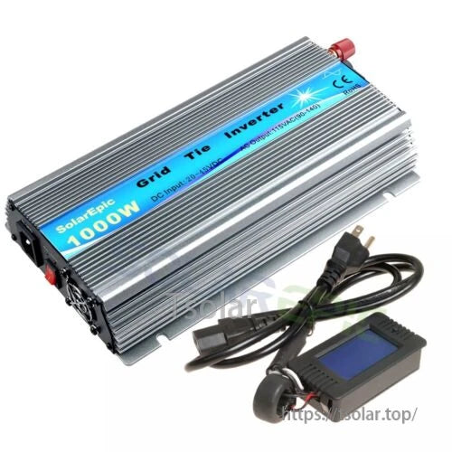 GWV-600W MPPT Grid Tie Micro Inverter, Finned aluminum grid-tie micro inverter with blue label, plus AC plug cable and wired LCD display module