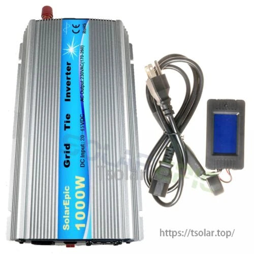 GWV-600W MPPT Grid Tie Micro Inverter, Aluminum grid-tie solar inverter with finned housing, AC power cord, and small plug-in LCD monitor module