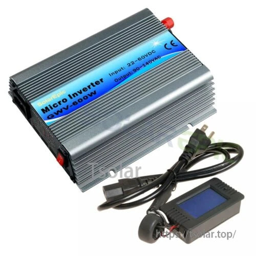 GWV-600W MPPT Grid Tie Micro Inverter, GWV-600W micro inverter with finned aluminum case, labeled 22–60VDC input and 90–140VAC output, with cable and display