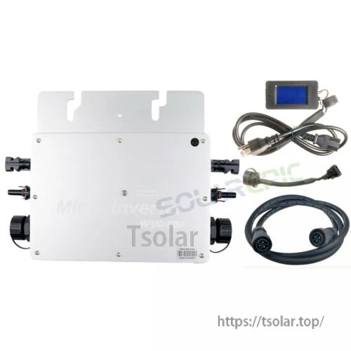 GWV-600W MPPT Grid Tie Micro Inverter, GWV-600W MPPT grid-tie micro inverter with metal enclosure, mounting bracket, and included LCD display cables