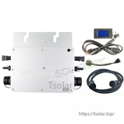 GWV-600W MPPT grid tie micro inverter with metal enclosure, LCD display module, and connection cables