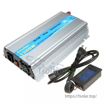 GWV-600W MPPT Grid Tie Micro Inverter, Aluminum finned solar grid-tie inverter labeled 1300W with AC power cord and wired LCD display module