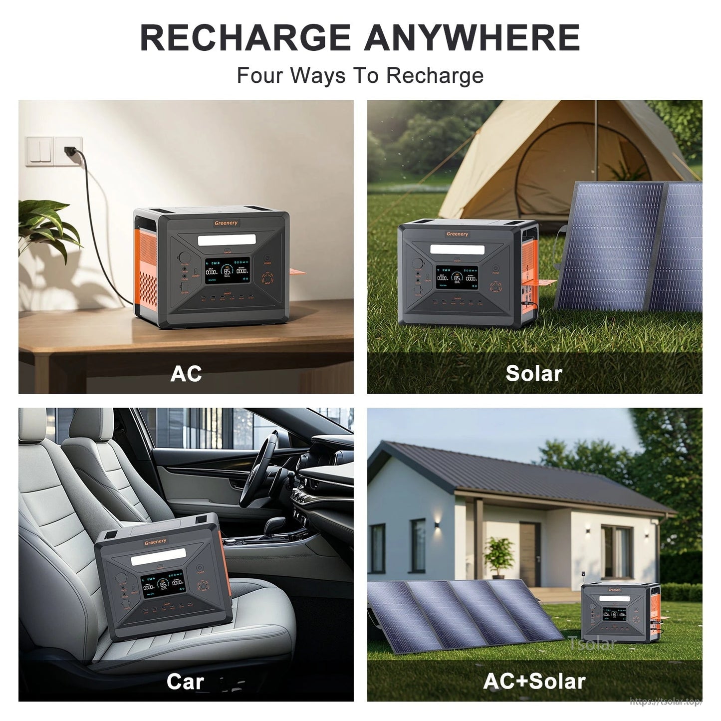 Greenery G2500 Portable Power Station, Portable power station with 2500W output, 2304Wh LiFePO4 battery, and multiple charging options: AC, solar, car, and combined.