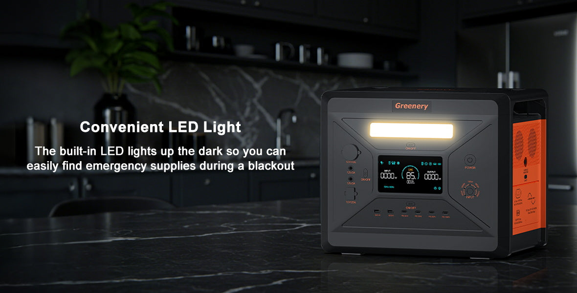 Greenery G2500 Portable Power Station, Portable Greenery G2500 power station with LED light for emergencies.