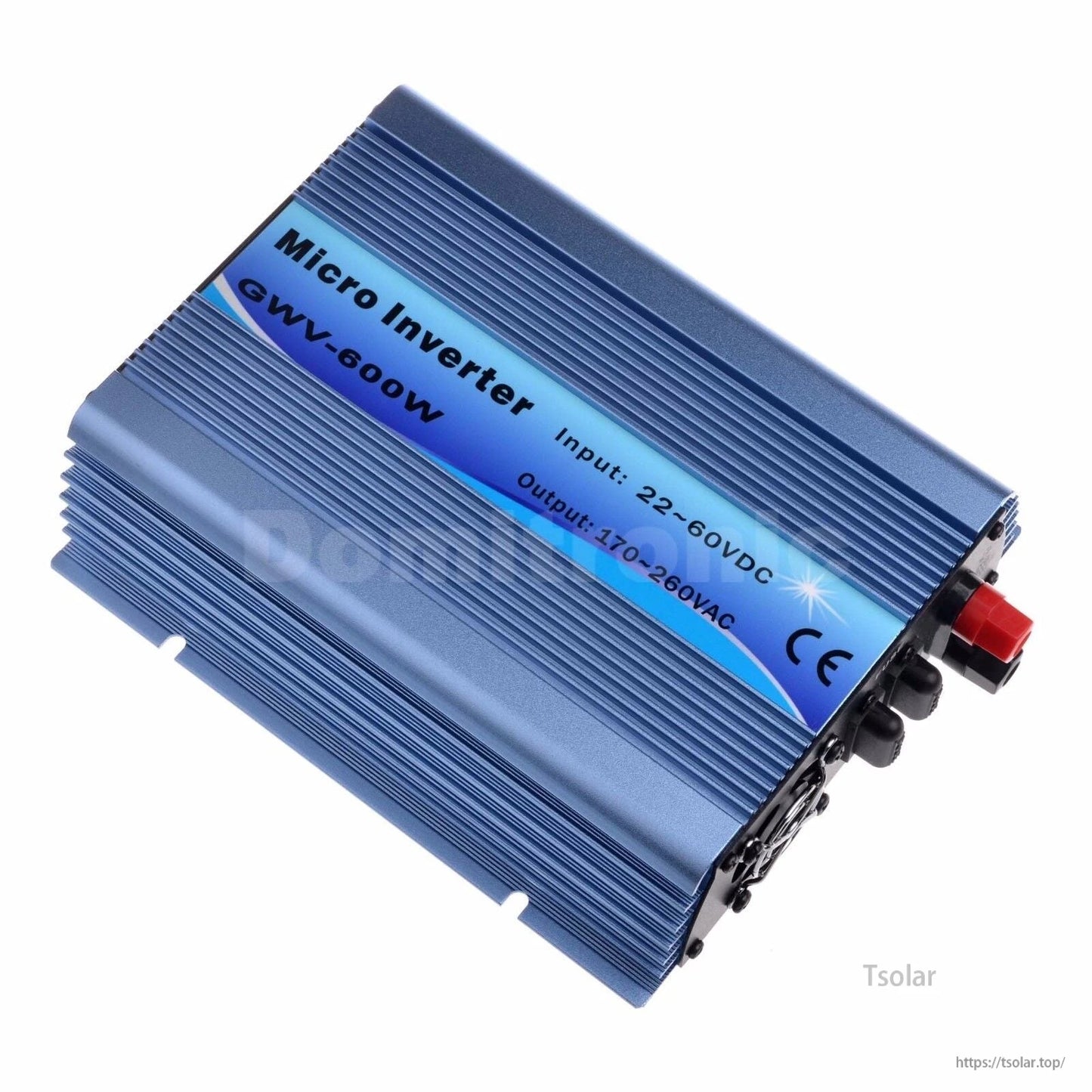 Grid Tie Inverter, Blue GWV-600W micro grid-tie inverter with 22–60VDC input and 110–260VAC output label