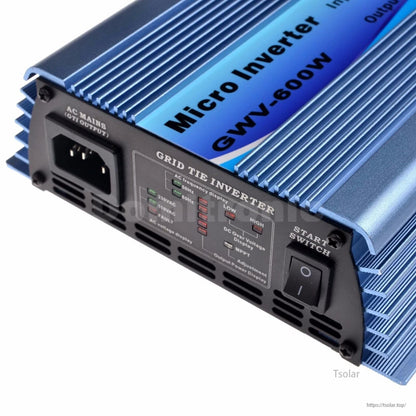 Grid Tie Inverter, GWV-600W grid tie micro inverter with AC mains output port, status LED panel, and start switch