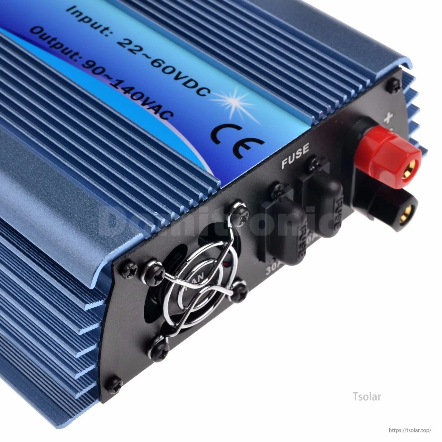 Blue grid tie inverter with cooling fan, fuse and power switch, labeled input 22–60VDC and output 90–140VAC