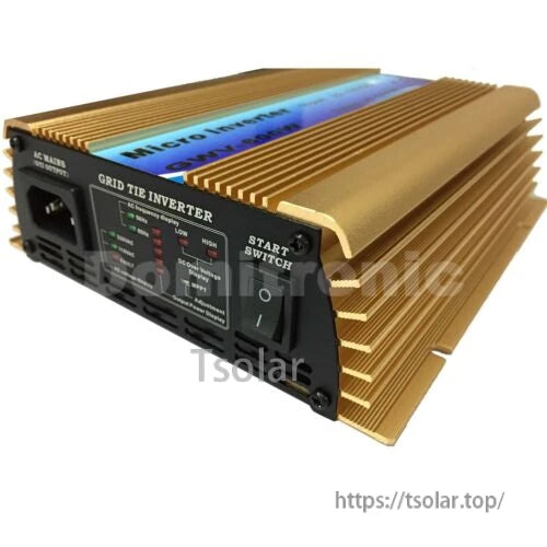 Gold grid tie inverter with finned aluminum heatsink, AC 220V output port, status indicators, and start switch