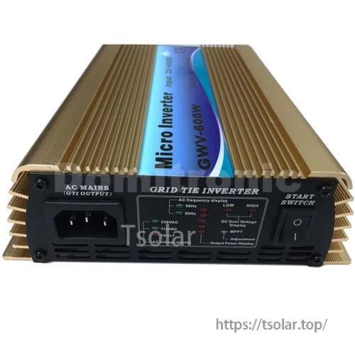 Grid Tie Inverter, Grid tie micro inverter GVV-600W with finned gold heatsink, AC mains output socket, status LEDs and power switch