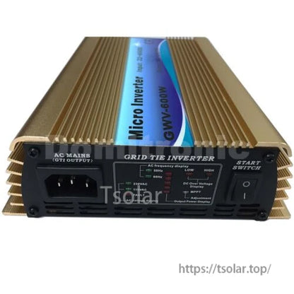 Grid Tie Inverter, Grid tie micro inverter GVV-600W with finned gold heatsink, AC mains output socket, status LEDs and power switch