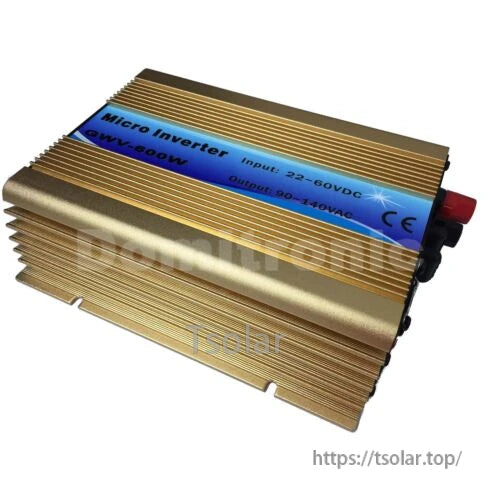 Grid Tie Inverter, Gold micro grid-tie inverter in finned aluminum case, labeled GW-600W, input 22–60VDC, output 90–140VAC