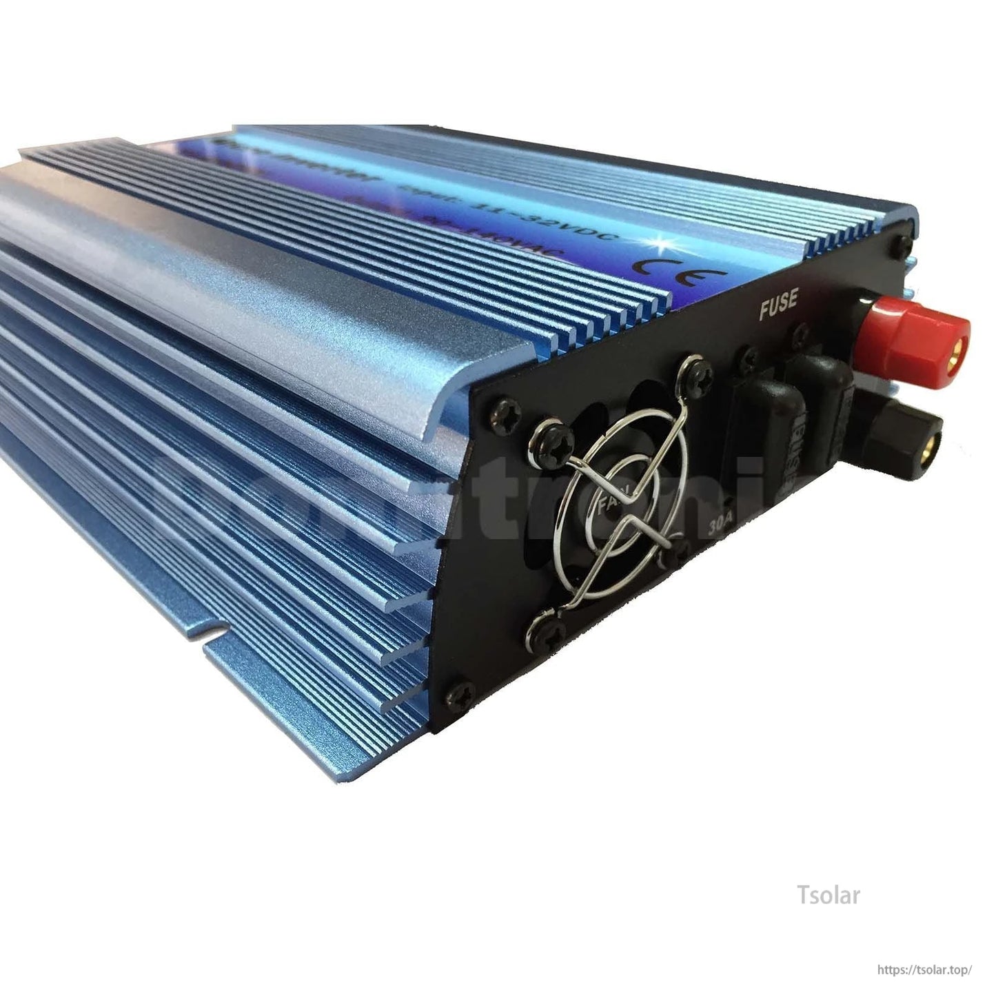 Blue grid tie inverter with finned aluminum heat sink case, end cooling fan, and fuse-labeled terminals