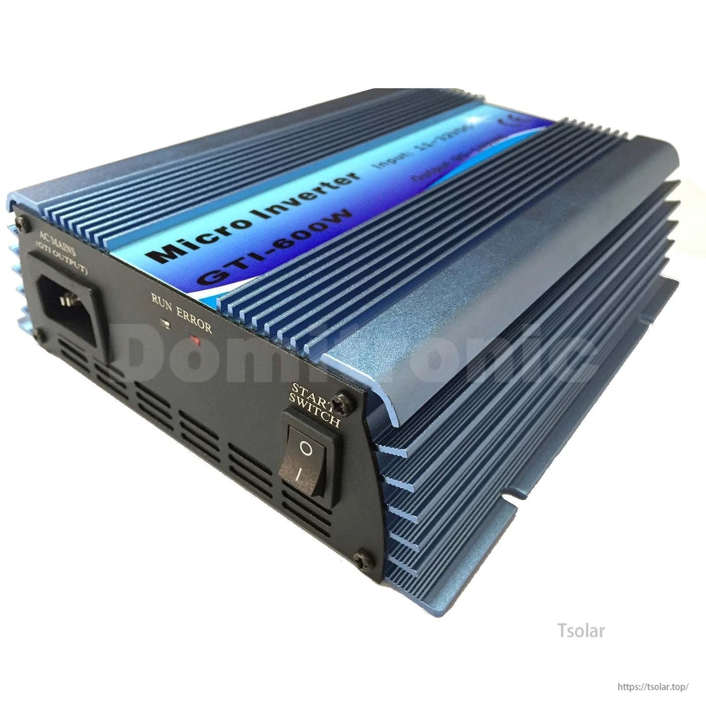 GTI-600W micro grid tie inverter with finned aluminum case, AC output socket, run/error LEDs and start switch