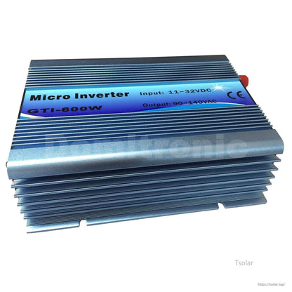 Micro inverter GTI-600W grid tie inverter with finned aluminum case, 11–32VDC input and 90–140VAC output