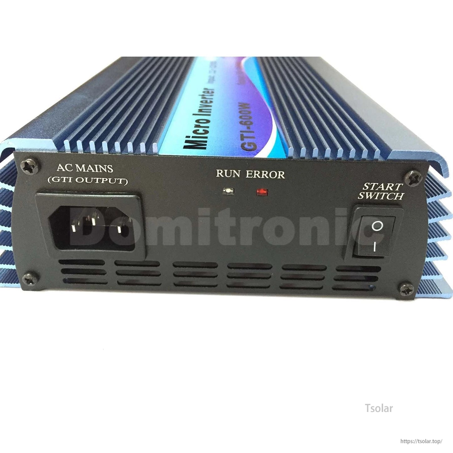 Grid Tie Inverter, Grid tie micro inverter GTI-600W with AC mains output socket, start switch, and run/error LEDs