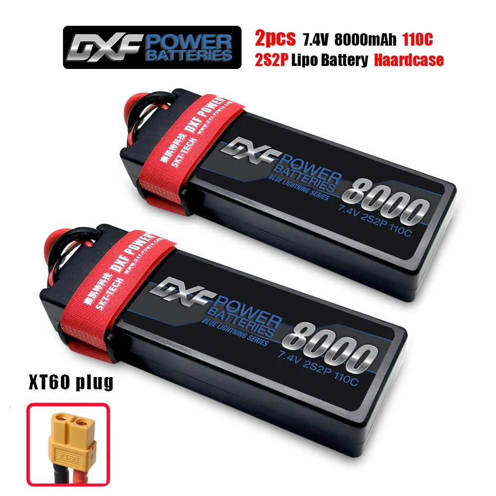 DXF Lipo Battery, DXF POWER BATTERIES' Blue Lightning Series offers 2 high-performance 7.4V 8000mAh LiPo hardcase batteries with XT60 connectors, ideal for RC cars and airplanes needing durable, consistent power.