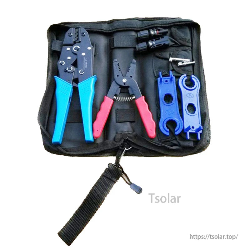 Solar MC4 crimping tool kit in zip case with blue-handled crimper, wire stripper, spanners, and connectors