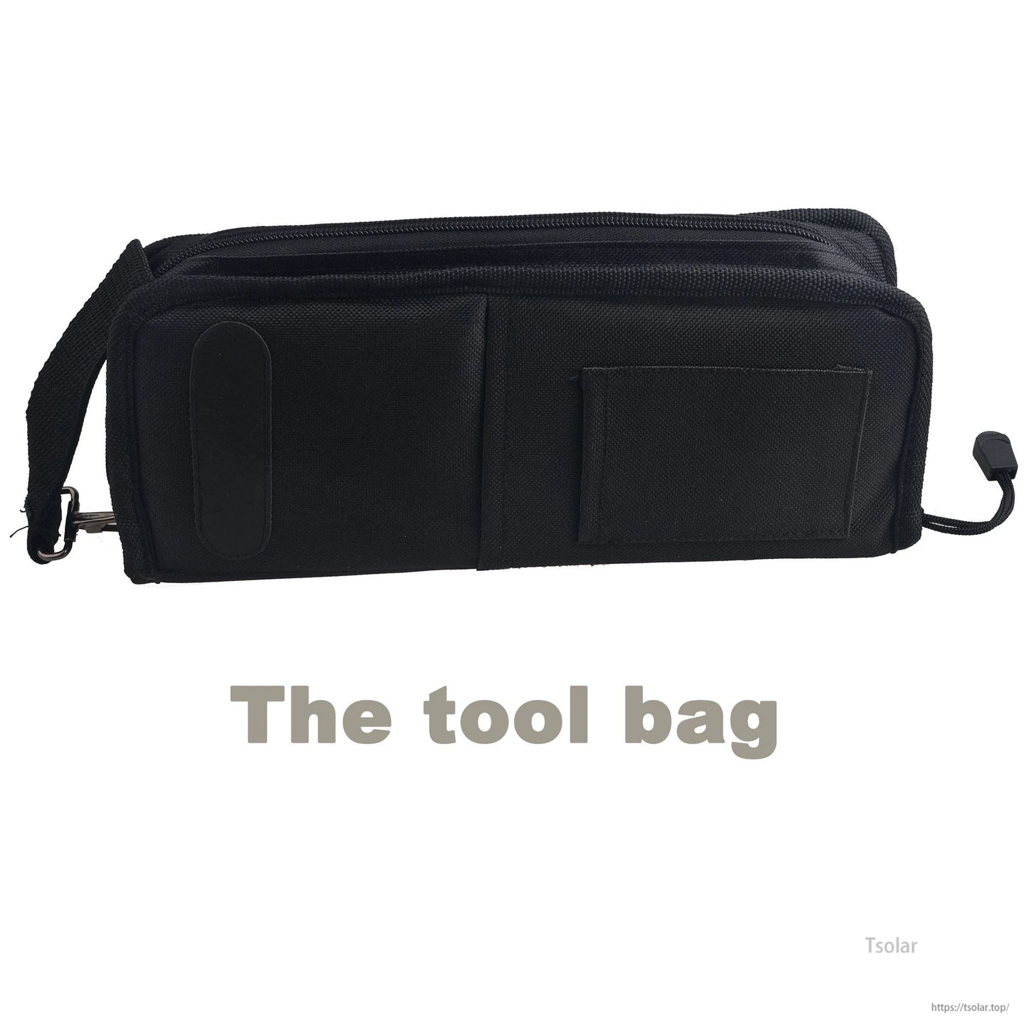 Black zippered tool bag with carry strap and front pockets for an MC4 solar connector crimping tool set