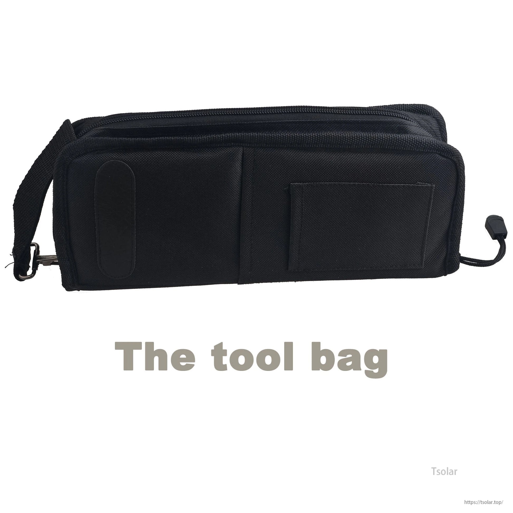 Black zippered tool bag with carry strap and front pockets for an MC4 solar connector crimping tool set