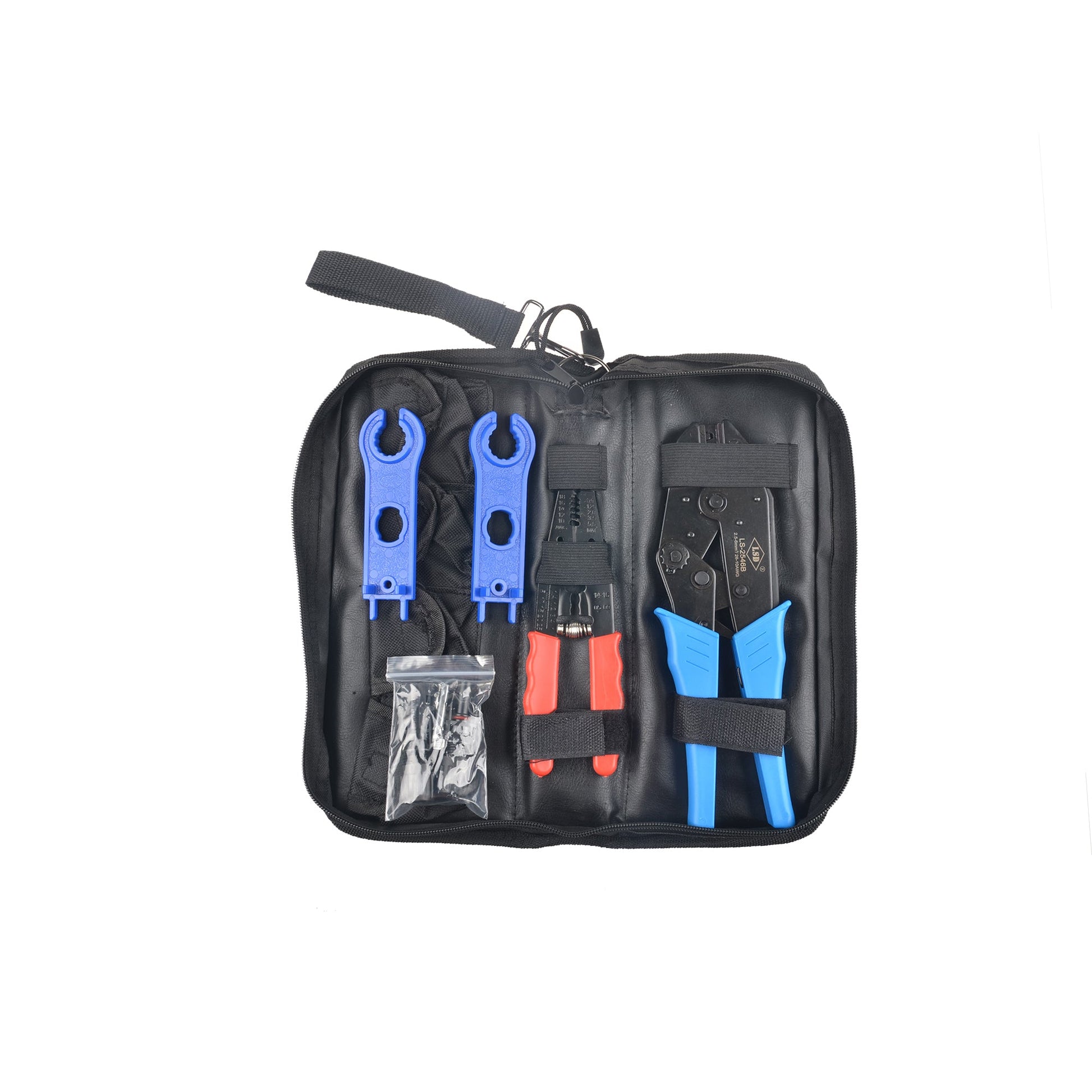 SolarEpic H03 MC4 Solar Terminal Pressing Tool, SolarEpic H03 MC4 solar terminal crimping tool kit in zip case with blue press tool, strippers and spanners