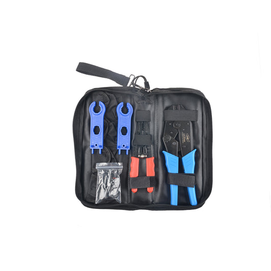 SolarEpic H03 MC4 Solar Terminal Pressing Tool, SolarEpic H03 MC4 solar terminal crimping tool kit in zip case with blue press tool, strippers and spanners