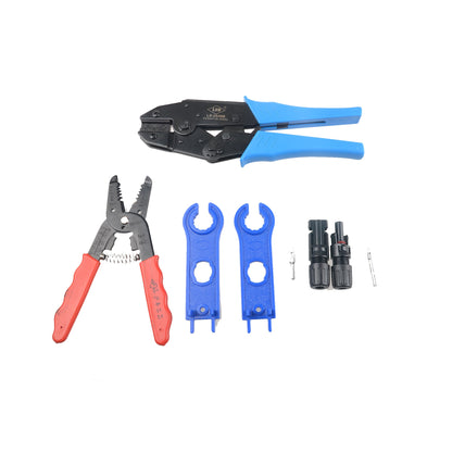 SolarEpic H03 MC4 Solar Terminal Pressing Tool, SolarEpic H03 MC4 solar terminal crimping tool kit with blue-handled crimper, wire stripper, wrenches and connectors