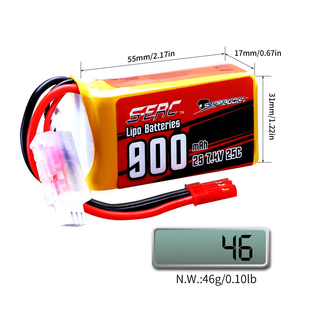 Sunpadow 2S LiPo Battery, SERC 900mAh 7.4V 25C LiPo battery, 55x31x17mm, 46g, with JST connector and red-black wires.