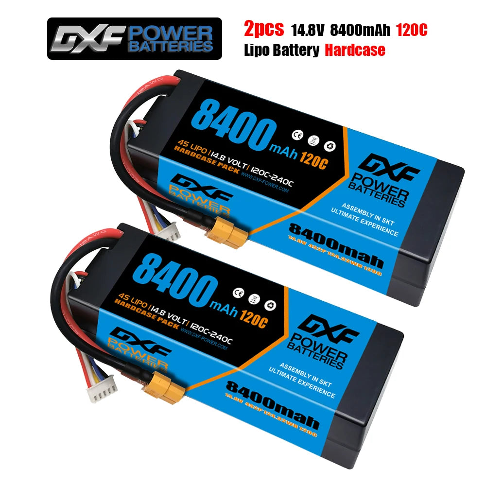 DXF Lipo Battery, Two 8400mAh 14.8V 120C 4S LiPo hardcase batteries, SKT assembled, CE certified, ideal for RC cars and airplanes, delivering ultimate performance.