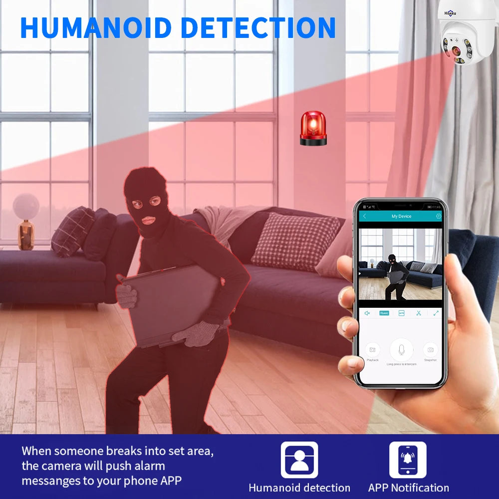 Hiseeu 3MP Camera, Security system detects human presence, sends alerts to phone via app upon unauthorized entry in monitored zones.