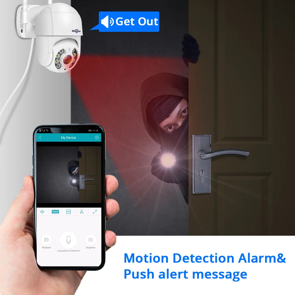 Hiseeu 1080P 2MP Camera, Receive alerts on your device when motion is detected, featuring an alarm and push notifications.