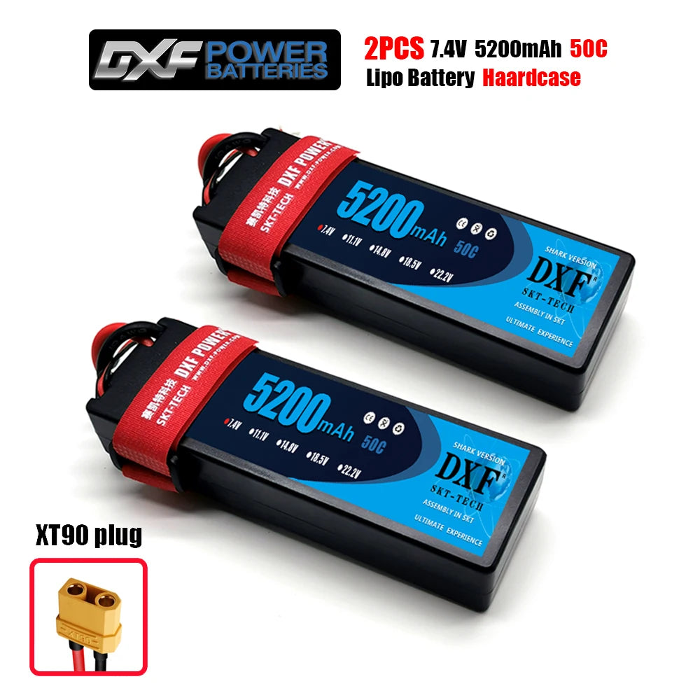 DXF Lipo Battery, 7.4V 5200mAh 50C LiPo battery with hardcase and XT90 plug, Shark Version by SKT-Tech, ideal for high-performance RC cars and airplanes.