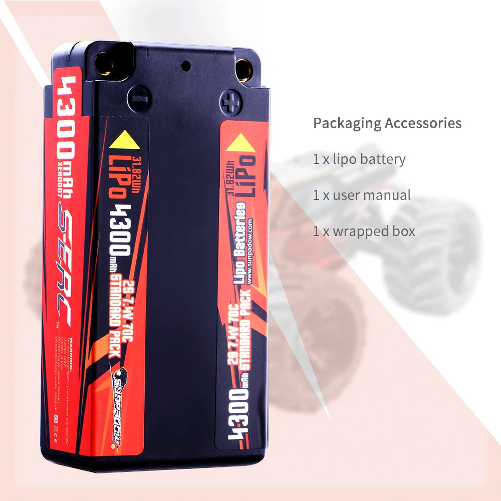 SUNPADOW 2S Shorty Lipo Battery 7.4V 4300mAh 70C Hard Case, 4mm Bullet for RC 1/10 Car Truck Buggy, 31.82Wh