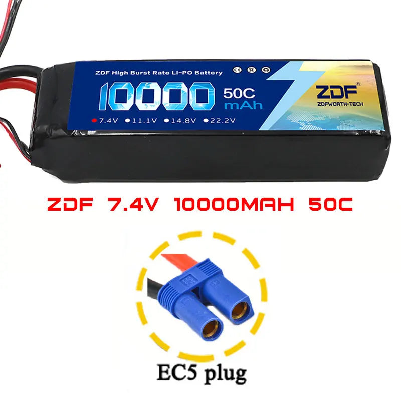 ZDF 2S 7.4V 10000mAh 50C (100C Max) Lipo Battery, ZDF 7.4V 10000mAh 50C LiPo battery with EC5 plug and 10AWG wire, high burst rate, ideal for RC cars and toys.