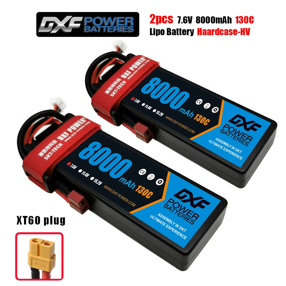 DXF Lipo Battery, DXF Power 7.6V 8000mAh 130C LiPo batteries, hardcase-HV, XT60 plug, 2pcs. High-performance for RC vehicles, assembled in SKT. Ultimate power and experience.