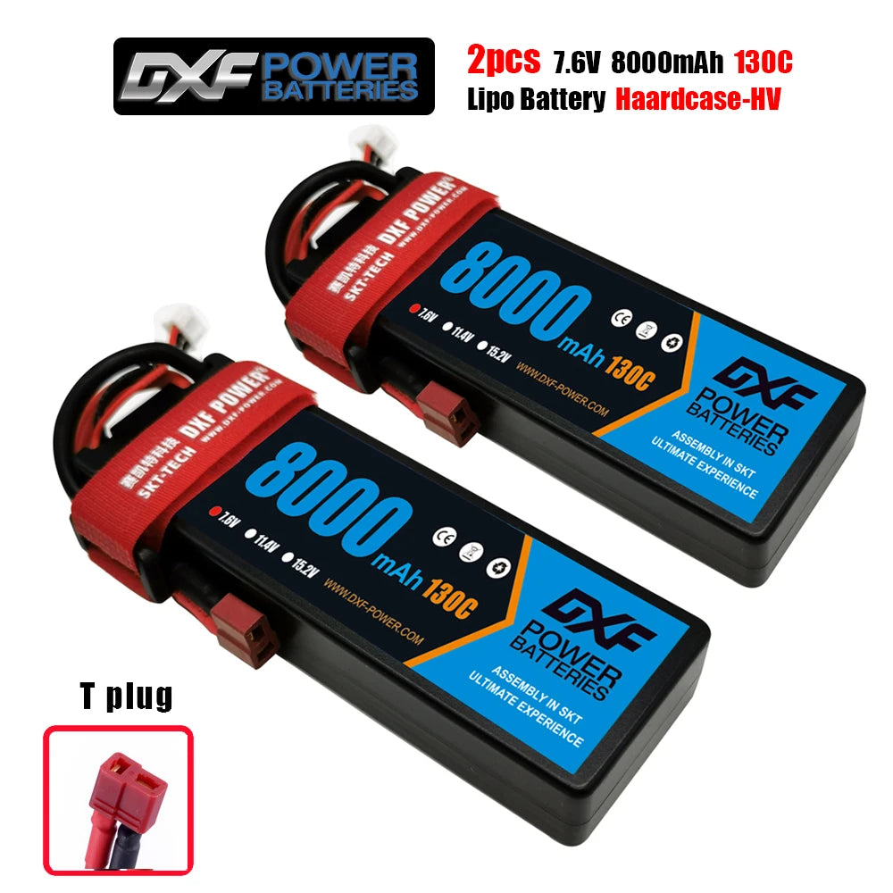 DXF Lipo Battery, DXF Power 2pcs 7.6V 8000mAh 130C LiPo batteries, T-plug, SKT assembly, high-voltage performance. Visit www.dxf-power.com for ultimate power experience.