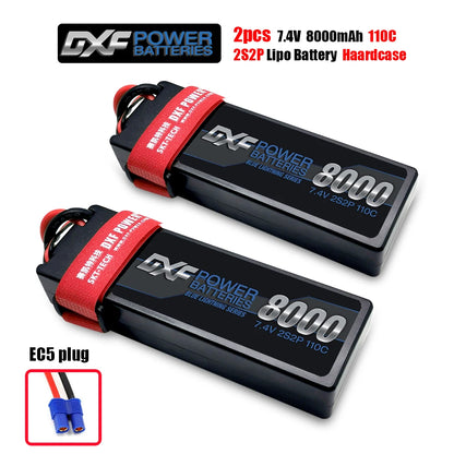 DXF Lipo Battery, Two 7.4V 8000mAh 110C LiPo batteries in blue hard cases with EC5 plugs, ideal for RC cars and airplanes, offering high discharge, durability, and extended run time.